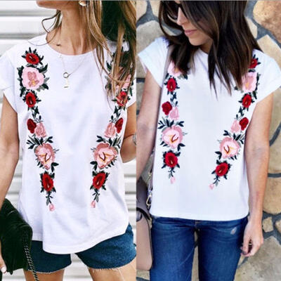 

Summer Women Casual Tops Blouse Short Sleeve Crew Neck Floral T-Shirt Ladies Tee