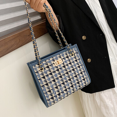 

Ins super fire bag female 2019 autumn&winter new single shoulder messenger bag chain wool plaid fashion tote bag