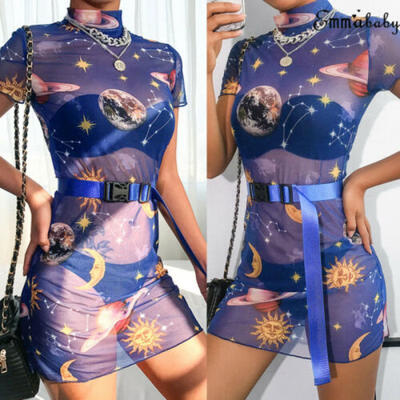 

Sexy Womens Mesh Sheer See Through Short Sleeve Mini Short Dress Party Clubwear
