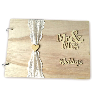 

Handmade Mr Mrs Love Wedding Guest Book Wooden DIY Signature Sign in Book with Ribbon Decoration Bridal Engagement Present