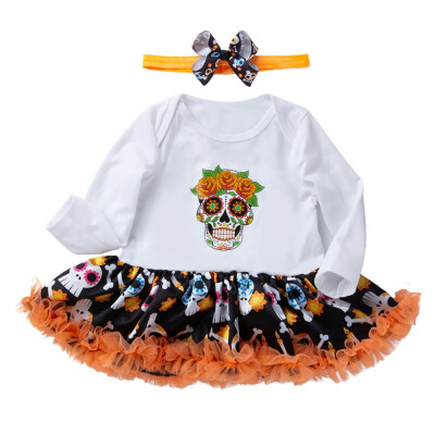 

Autumn Style Fashion Baby Girls Halloween Ice Cream Printed Long Sleeves Romper Dress Headband Two Pieces Sets