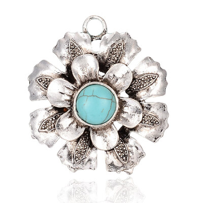 

Flower Antique Silver Plated Alloy Synthetic Turquoise Big Pendants Dyed SkyBlue 56x49x10mm Hole 6mm
