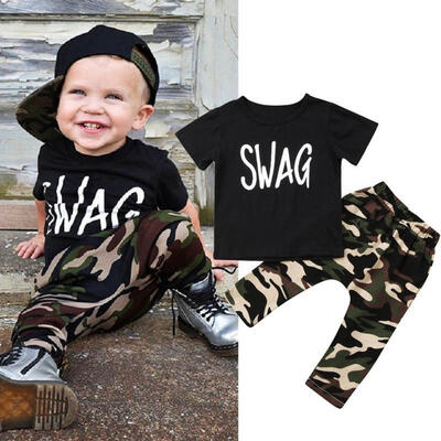 

2pcs Toddler Kids Boys SWAG Tops T-shirt Camo Pants Summer Outfits Set