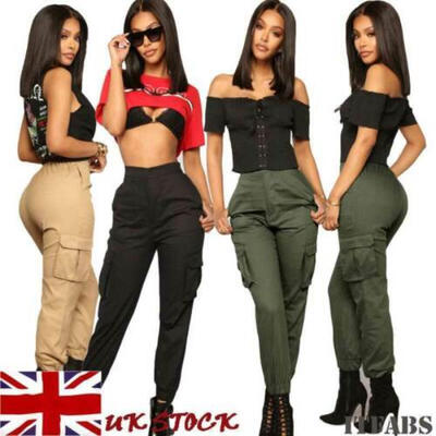 

UK STOCK Womens High Waisted Cargo Trousers Cotton Pants Solid Punk Loose Sports