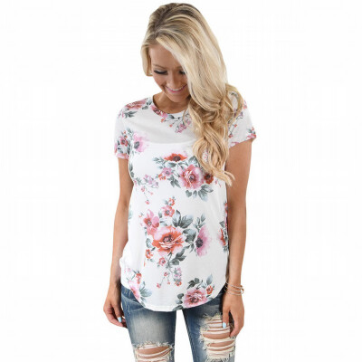 

Round neck short sleeve floral print tube casual top T-shirt