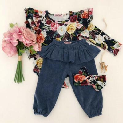 

US Autumn Infant Baby Girl Clothes Long Sleeve Floral RomperPants 3PCS Outfit