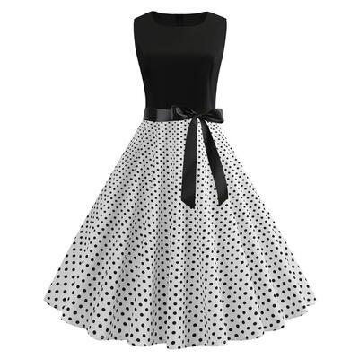 

Vintage Sleeveless Dot Print Bandage Dress Women O-neck Tunic Swing Dresses
