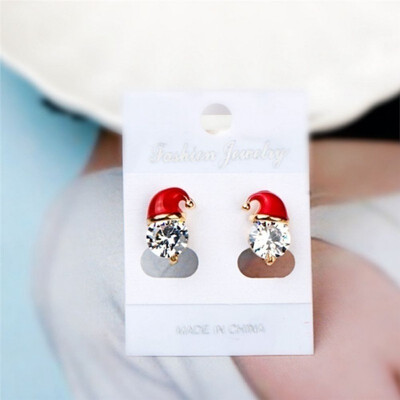 

Trendy Fashion Girl Christmas Ear Decoration High Quality Metal Rhinestone Santa Claus Hat Shaped Push-back Earrings