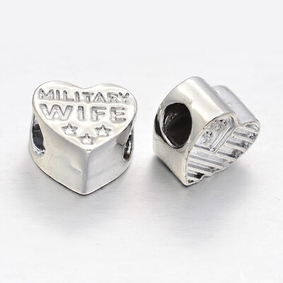

Unfading Alloy European Beads Large Hole Heart Beads with Words Military Wife Silver 10x11x6mm Hole 4mm
