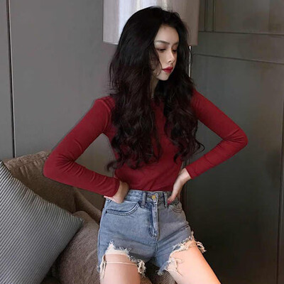 

Fashion Solid Color Round Neck Slimming Long-sleeved T-shirt Tight Bottom T-Shirts