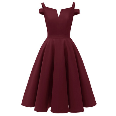 

Elegant Off Shoulder Party Dress Women Ladies Vintage Evening Short Sleeve A-Line Solid V-Neck Knee-Length Dress