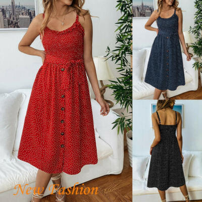 

US Womens Polka Dot Midi Wrap Button Front Ruffle Dress Ladies Evening Size 6-14