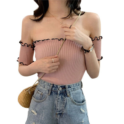 

Womens Slash Neck Solid Short Sleeve Knitted Ruffles T-Shirt