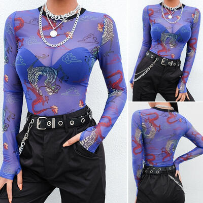 

Womens Sheer Mesh Crop Top Ladies Girls Long Sleeve O Neck T Shirt 2019 HOT