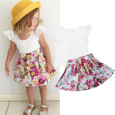 

UK Toddler Baby Girls Clothes Lace T-shirt Tops Flower Skirt 2PCS Outfit Sunsuit