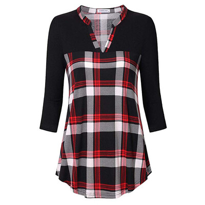 

Starmoon Womens 34 Sleeve Henley V Neck Color Block Plaid Tunic Shirt BKL