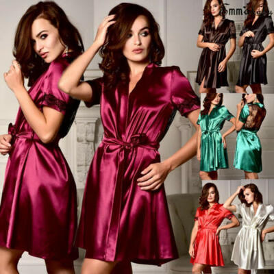 

Women Ladies Gown Lace Bath Robe Deep V Sleepwear Satin Silk Kimono Nightwear