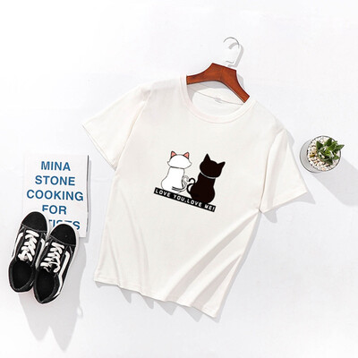 

Womens Korean Style Round Neck Cartoon Cats Print Short Sleeve Loose Pullover T-Shirt