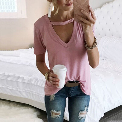 

Nomeni Women Casual Loose Cotton Solid V-neck T-shirts Fashion Short Sleeve Blouse