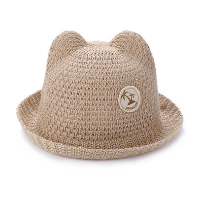 

Cute Cat Ear Baby Summer Straw Hats Breathable Beach Bucket Caps Sun Cap