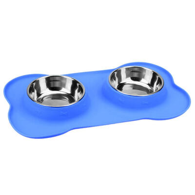 

Stainless Steel Double Bowl Pet Dog Feeding Food Water Dish Silicone Mat