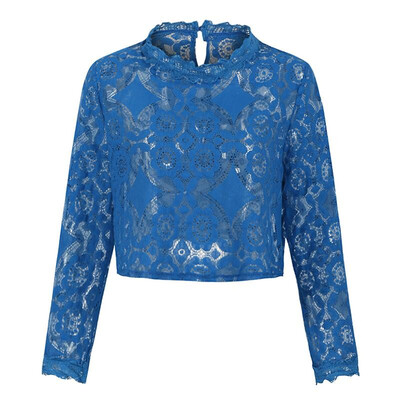 

Women Cover Up See Through Floral Lace Hollow Out High Neckline Long Sleeve Sexy Beach Blouse