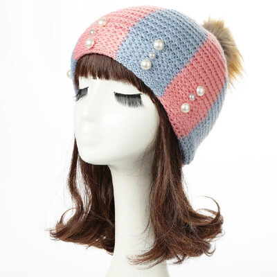 

New Women Winter Hat Beanie Knit Cap Contrast Stripe Pom Pom Bead Causal Slouchy Baggy Skullies
