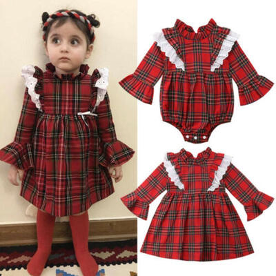 

UK Canis Toddler Kid Baby Girls Lace Plaids Romper Bodysuit Dress Outfit Clothes