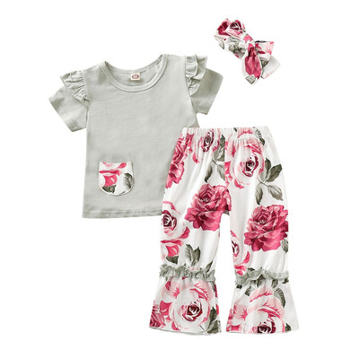 

3PCS Newborn Toddler Baby Girl Clothes Flower T-shirt TopPants Headband Outfits Set