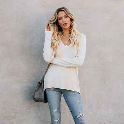 

Nomeni Women Solid Lady Long Sleeve Loose Zipper V Neck Tops Shirt Casual Tunic Blouse