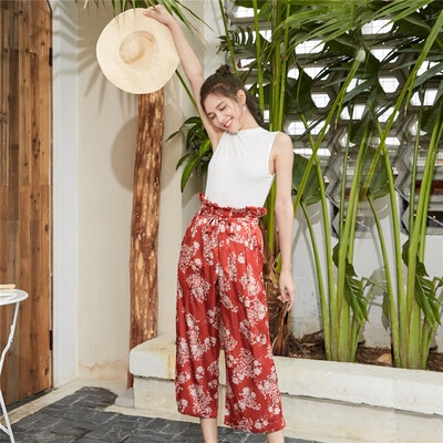 

Urban beauty nine points trousers women 19 spring&summer new home pants trousers print pants sweet beautiful thin section in the waist color Ding ladies nine pants 2H9804 jujube