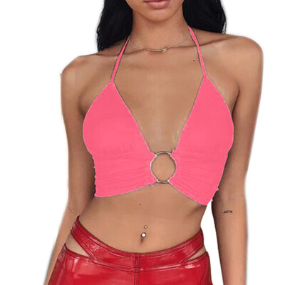 

Solid Halter Crop Top Women Backless Bandage Lace Up Metal Ring Tank Top Party Club Bustier
