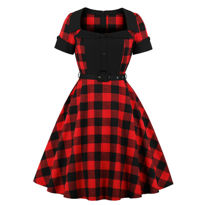

Collar with Short Sleeves Buttons Grid with A Belt Dress