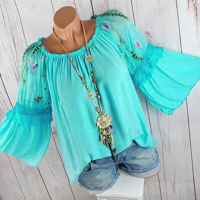 

Plus Size Women Retro Boho Floral Blouse Long Bell Sleeve Top Ladies Tunic Shirt