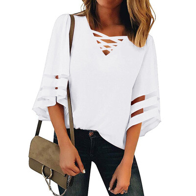 

Starmoon Womens V Neck Mesh Panel Blouse 34 Bell Sleeve Casual Loose Top Shirt