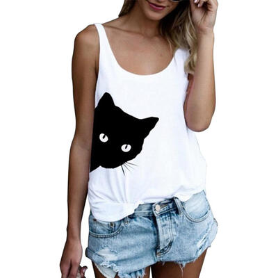 

Summer Women Sleeveless T-Shirts Cat Print Vest Cotton O-Neck Casual Tops
