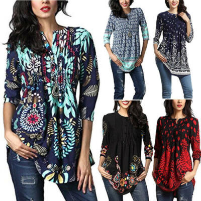 

Women Ladies Button Tunic Swing Top Long Sleeve Boho Floral Casual T-shirt -XL