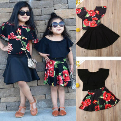 

US Toddler Baby Girls Clothes Off Shoulder Crop Tops Flower Skirts Outfits Set