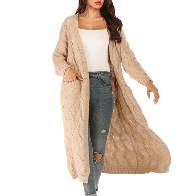 

2019 Women Autumn And Winter Elegant Fashion Design Large Size Loose Solid Color Pocket Knit Thick Sweater Cardigan Apricot
