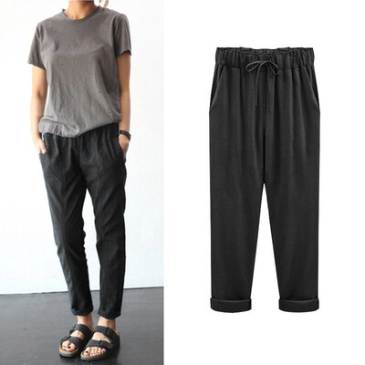 

Tailored Plus Size Casual Women Cotton Linen Pants Elastic Waist Summer Slim Lady Pants
