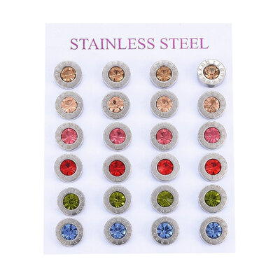 

304 Stainless Steel Stud Earrings with Rhinestone Flat Round with Roman Numerals Mixed Color 9x35mm Pin 08mm 12pairscard