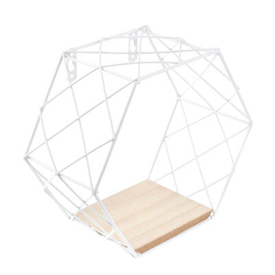 

Iron Hexagonal Grid Wooden Storage Rack Metal Wall Hanging Display Shelf