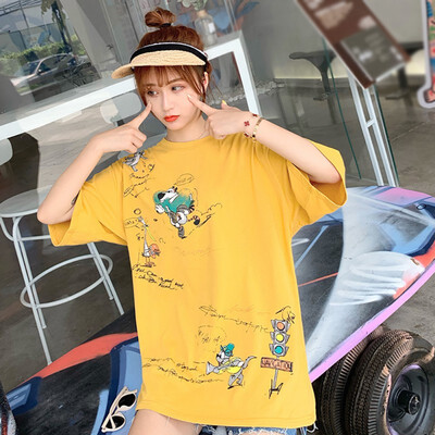 

Cartoon Letter Print Womens Tees Simple Casual Round Neck Short-sleeved Tops