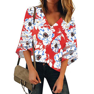 

Starmoon Womens V Neck Floral Mesh Panel Blouse 34 Bell Sleeve Casual Loose Top Shirt