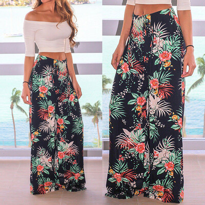 

Women Summer Pockets Leaves Printing Drawstring Wide Leg Pants Leggings
