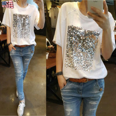 

New Women Summer Casual Sequin Blouse Short Sleeve Shirt T-shirt Blouse Tops US