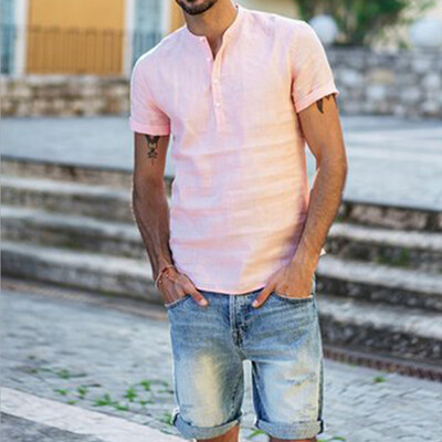 

Mens Linen Short Sleeve Summer Solid Shirts Casual Loose Dress Soft Tops Tee