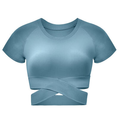 

Solid Color Sports Crop Tops Women O-neck Cross Waist Short Sleeve T-shirt