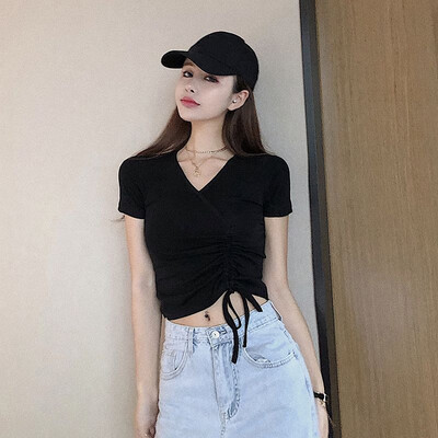 

Women Summer V-neck Solid Color Slim Short Sleeve Casual T-Shirt Simple Drawstring Wild Short Tops