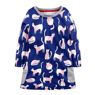 

Baby Girls Autumn Long Sleeve Printed Dress Knee Length Cartoon Cat Dresses